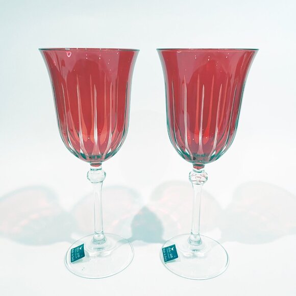 2 LE STELLE Italy Ruby Cut To Clear Crystal Wine Glasses By Cristal Desio - NEW - Picture 3 of 7